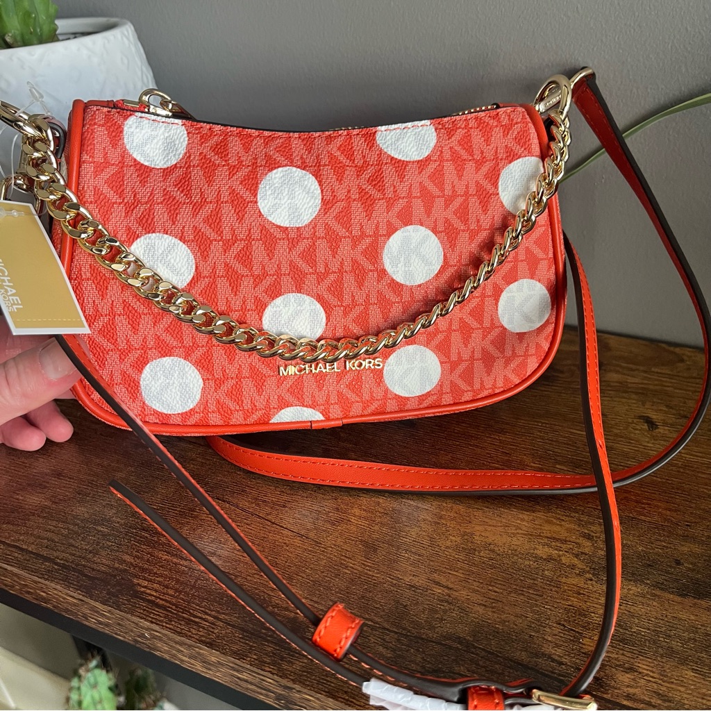 Michael Kors Orange-Red And White Polka Dot Crossbody Bag (Carmela)